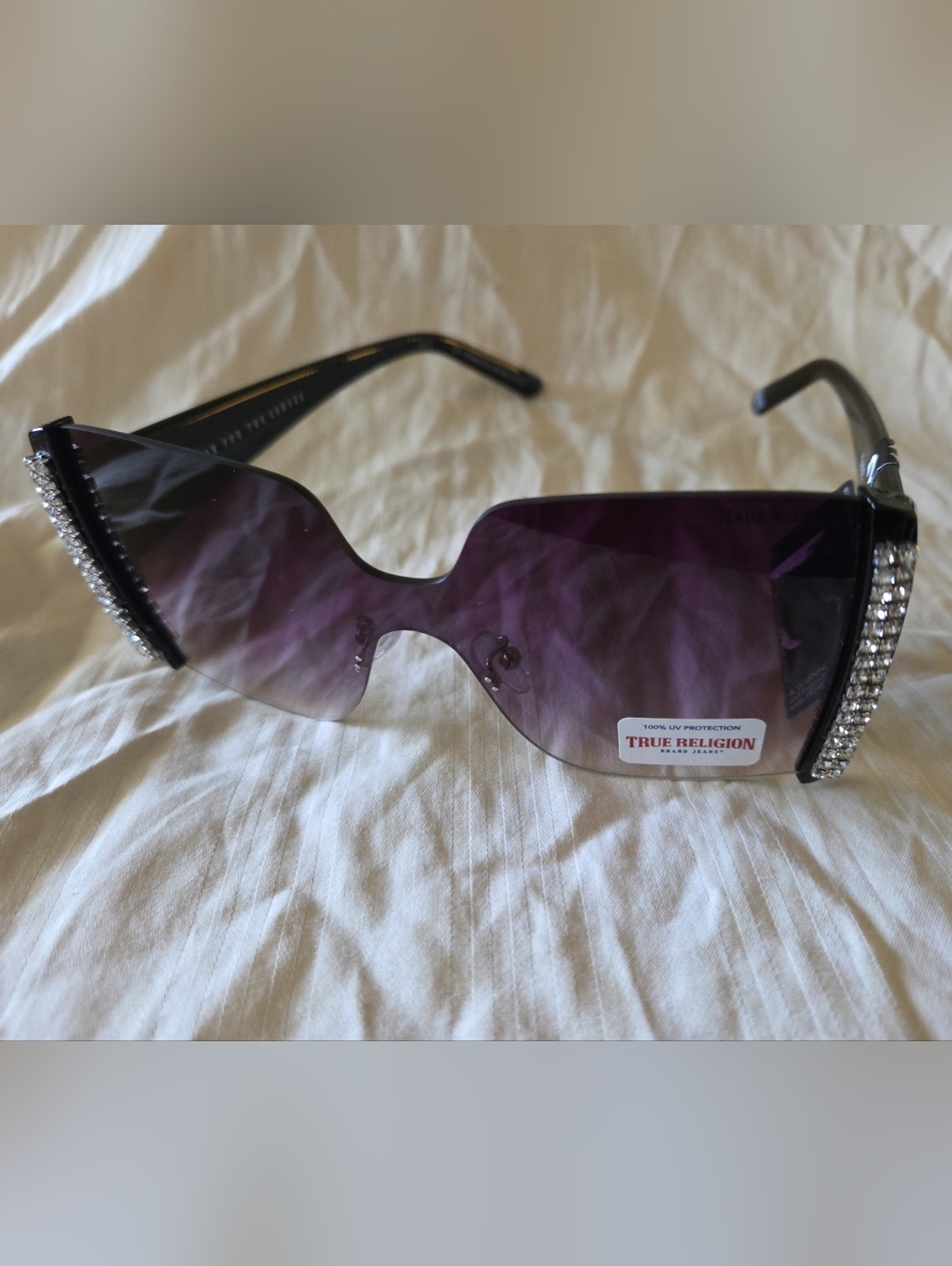 True Religion Womens Black Ombre Lens Rhinestone Sunglasses Oversize Square NEW